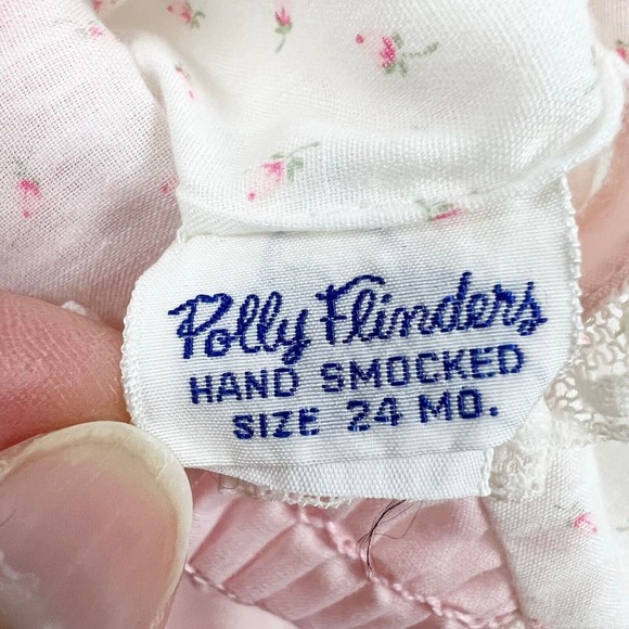 Vtg Hand Smocked Dress 24 Mo. Polly Flinders Calico w Pink Apron Lace 3/4 Sleeve - Picture 8 of 12